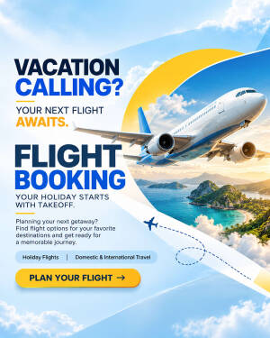 Commercial airplane flying over a tropical landscape for flight booking advertisement