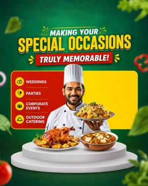 A professional chef holding a plate of food with dishes like roasted chicken and biryani, promoting catering services for special occasions.