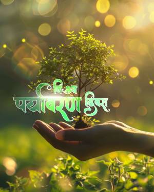 Hands holding a small tree with text in Hindi