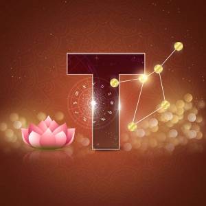 Illustration of the Taurus zodiac sign with a lotus flower and constellation
