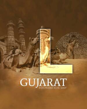 Gujarat Foundation Day poster with camels and historical architecture