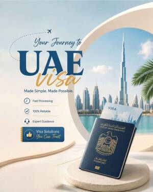 A professional advertisement for UAE visa services featuring a Dubai passport and the Burj Khalifa skyline in the background.
