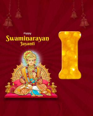 Swaminarayan Jayanti greeting with a portrait of Swaminarayan and golden light effect
