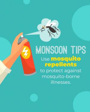 Illustration of a hand spraying mosquito repellent with a mosquito flying nearby, promoting monsoon health tips.