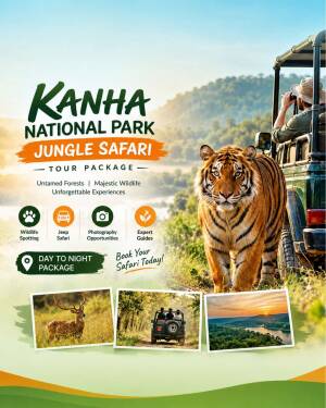 A tiger walking next to a safari jeep in Kanha National Park with tour highlights