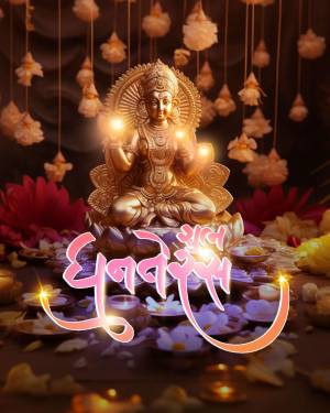 Golden statue of Goddess Lakshmi seated on a lotus flower with Diwali decorations