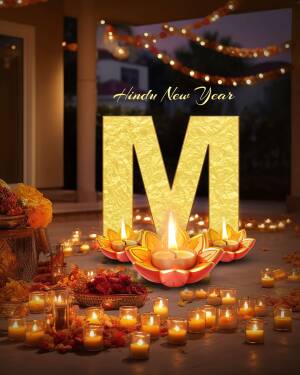 Hindu New Year greeting with golden 'M' and lit diyas