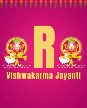 Vishwakarma Jayanti festive graphic with deity and letter R