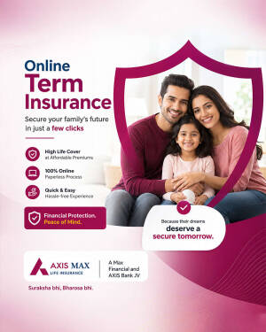 Happy family of three sitting together promoting Axis Max Life online term insurance
