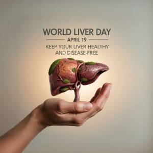 Illustration of a human liver growing as a plant in a hand, promoting World Liver Day.