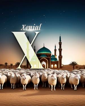 A stylized image featuring a large 'X' with a mosque and a flock of sheep in a desert setting.