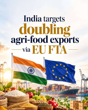 Flags of India and the European Union flying over a trade port with agricultural food products in the foreground