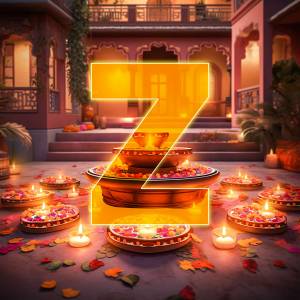 The letter Z illuminated with Diwali lights and decorations.