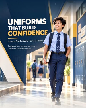 A smiling schoolboy in a light blue shirt and dark blue pants walking through a hallway, promoting school uniforms.