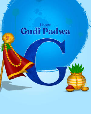 Gudi Padwa festive greeting with a Gudi and traditional decorations