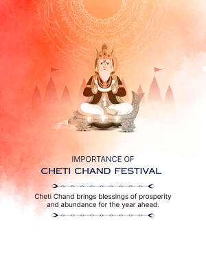 Illustration of Lord Jhulelal with text about the Cheti Chand festival.