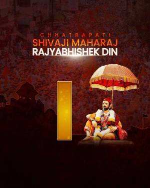 Poster commemorating Chhatrapati Shivaji Maharaj Rajyabhishek Din with a portrait of the king under a royal umbrella.
