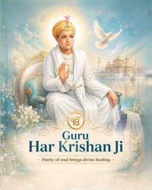 An artistic portrait of Guru Har Krishan Ji with a white dove and golden temple background