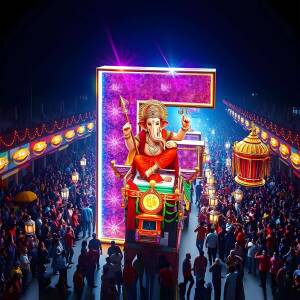 Lord Ganesha on a decorated float with a large illuminated 'G' during Ganesh Chaturthi festival