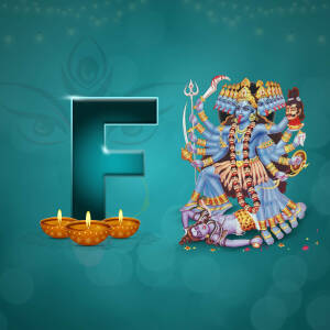Illustration of Goddess Kali with the letter F and lit diyas