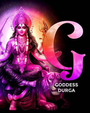 Digital art of Goddess Durga with a glowing 'G' and a lion