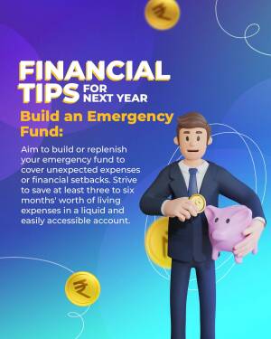 Illustration of a man with a piggy bank and coins, promoting financial tips for building an emergency fund.