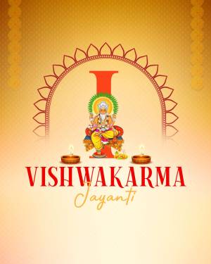 Vishwakarma Jayanti festive graphic with deity Vishwakarma and decorative elements.