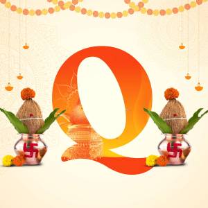Letter Q with Dussehra decorations including coconuts, mango leaves, and diyas.