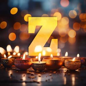 Golden letter Z illuminated by Diwali oil lamps