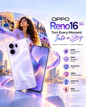 Oppo Reno16 5G smartphone showing front and back design with a young woman in the background