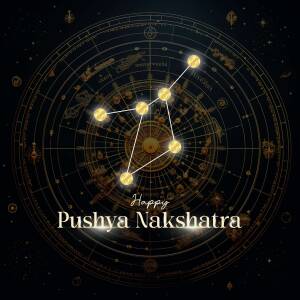 Intricate astrological chart with golden constellations and the text 'Pushya Nakshatra'