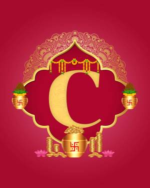 Golden letter C with Indian decorative elements and auspicious symbols