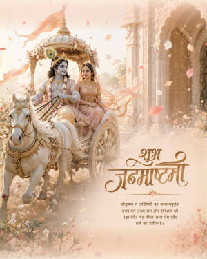 Lord Krishna and Rukmini riding a chariot on Janmashtami