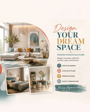 Modern interior design services advertisement showcasing a living room, bedroom, and dining area.