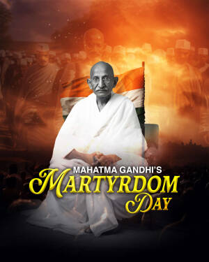 Portrait of Mahatma Gandhi with the Indian flag and a tribute message.