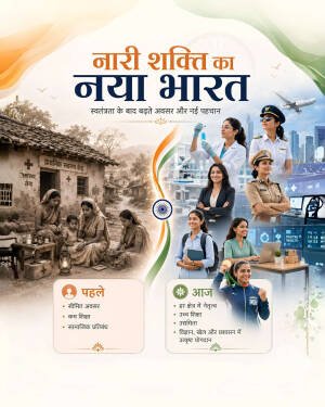 A visual comparison showcasing the evolution of women's empowerment in India from rural traditional roles to modern professional roles in fields like science, aviation, law enforcement, and sports.