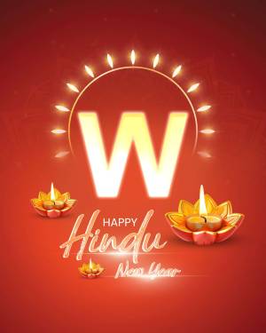 Letter W with Diwali-style lamps and a Happy Hindu New Year greeting