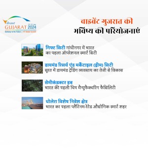 Image showcasing future projects in Gujarat, including GIFT City, Diamond Research and Mercantile City, Semicon Hub, and Dholera Special Investment Region.