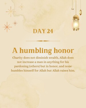 Ramadan calendar graphic with text about charity and humility.