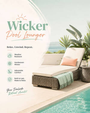 Luxury wicker pool lounger with a soft cushion and mint green throw blanket by a sunny pool