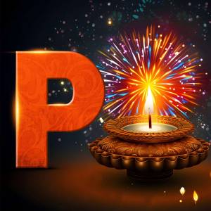 Letter P with Diwali firework and candle