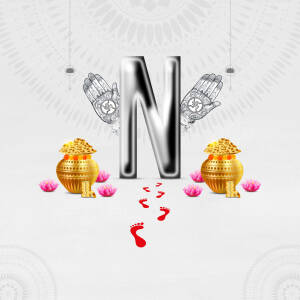 Letter N with golden pot, footprints, and hand symbols representing Indian culture and prosperity.