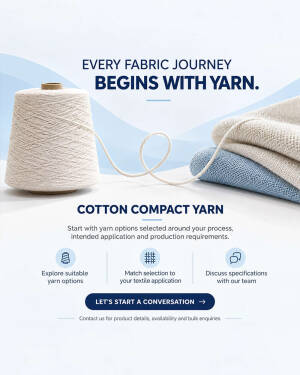 A cone of white cotton yarn next to stacked blue and white fabric with marketing text for textile manufacturing