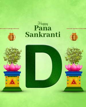 Pana Sankranti festival greeting with a large letter 'D' and traditional decorations.