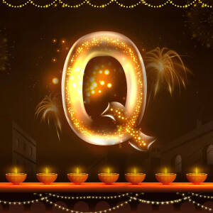 Golden letter Q with Diwali lights and fireworks