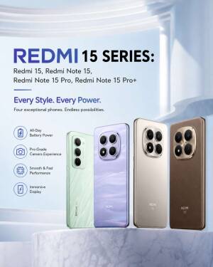 Four Redmi 15 series smartphones displayed in different colors against a modern abstract light blue background