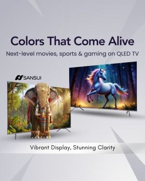 Sansui QLED TV showcasing vibrant display with an elephant and a unicorn image