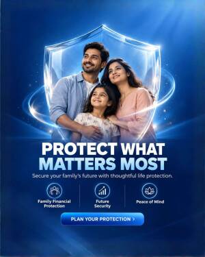 A happy family protected by a symbolic blue shield for life insurance