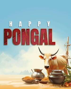 Happy Pongal greeting with a cow and traditional Pongal pot