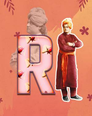 Image of Swami Vivekananda integrated with a large letter 'R' and floral elements.
